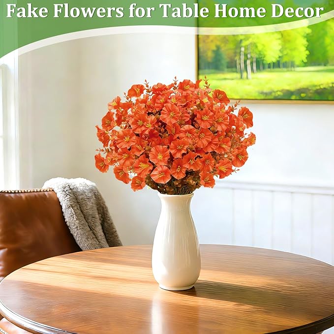 12 Bundles Artificial Fall Flowers for Outdoors, UV Resistant No Fade Fake Mums Flowers Silk Morning Glory with Orange Brown Eucalyptus Faux Flowers Plants for Home Garden Patio Porch Yard Porch Decor