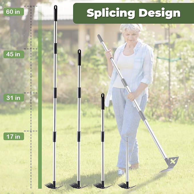 Weed Puller Tool with Long Handle, 60'' Weed Remover Weeding Tool, Heavy Duty 2 in 1 Manual Weed Rake and Garden Hoe, Gardening Weeder Tools for Yard, Lawn, Patio, Garden