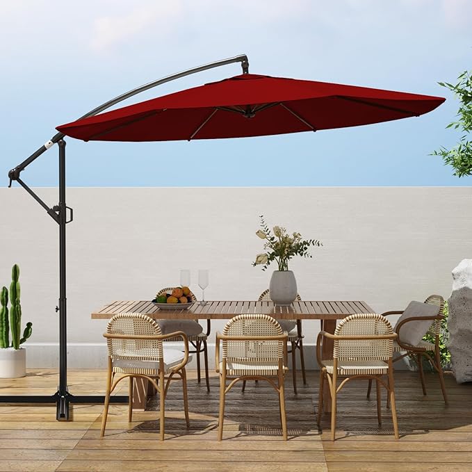 wikiwiki 10ft Patio Umbrellas Offset Outdoor Cantilever Hanging Umbrella, Fade Resistant Waterproof Recycled Fabric Canopy for Yard, Garden & Deck, Burgundy Red