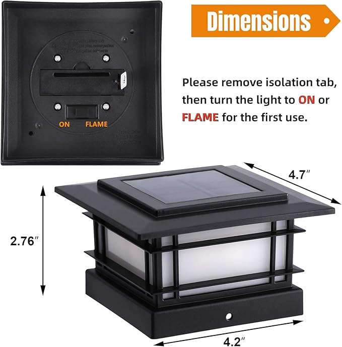 Dynaming 4x4 Solar Post Cap Lights Outdoor with Flickering Flame Light, Black Shell Fence Post Solar Lights Fit 4x4 Vinyl/Wooden Posts, Brightness LED Lighting Decor for Garden Deck Patio, 2 Pack