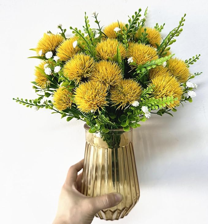 CATTREE Artificial Dandelion Plants, Plastic Flowers Shrubs Bushes Fake Grass Wedding Indoor Outdoor Home Garden Verandah Centerpieces Arrangements Party Decoration Planting Filler - Yellow 4 Pack