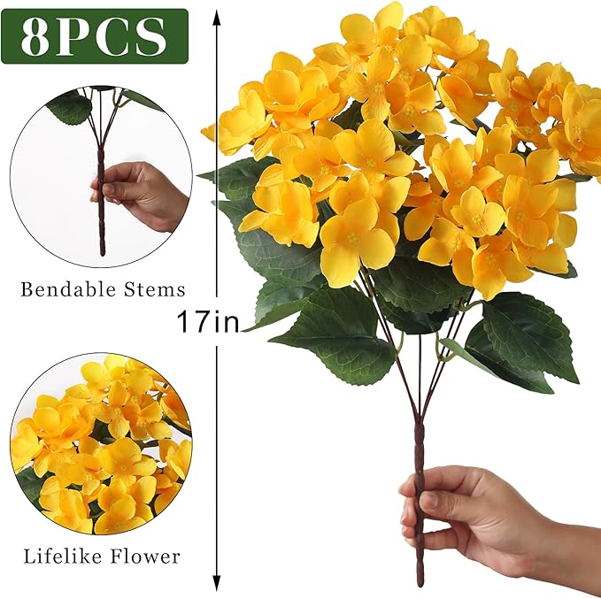 FOTEEWL 8 Bundles Artificial Hydrangea Flowers for Outdoor Decor, Realistic Faux Silk Bouquets Sun-Resistant Fake Plants for Front Door Balcony Farmhouse Garden Home Spring Summer Decor (Yellow)