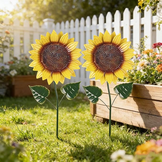 hogardeck Garden Decor for Outside, 2 Pack Sunflower Decorative Garden Stakes for Spring Outdoor Yard Decor, Metal Yard Art with Shaking Head for Garden Lawn Porch Decorations
