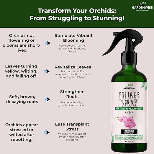 GARDENWISE Premium Orchid Plant Food Mist – Orchid Fertilizer Spray – Orchid Food Fertilizer for Blooming – Orchid Plant Care Formula 3-1-2 – Ready-to-Use (8 OZ)