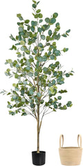 Faux Eucalyptus Tree 6FT, Artificial Potted Tree for Indoor Outdoor, Fake Floor Plants with Natural Wood Trunk, Home Office Living Room Bedroom Decor
