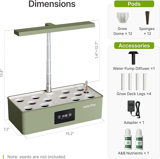 SUNCOZE Hydroponics Growing System Kit with 24W Dimmable Grow Light, 12 Pods Indoor Herb Garden with Timer & Local Time Setting, Adjustable Height, Smart Countertop Garden for Home & Kitchen, Green