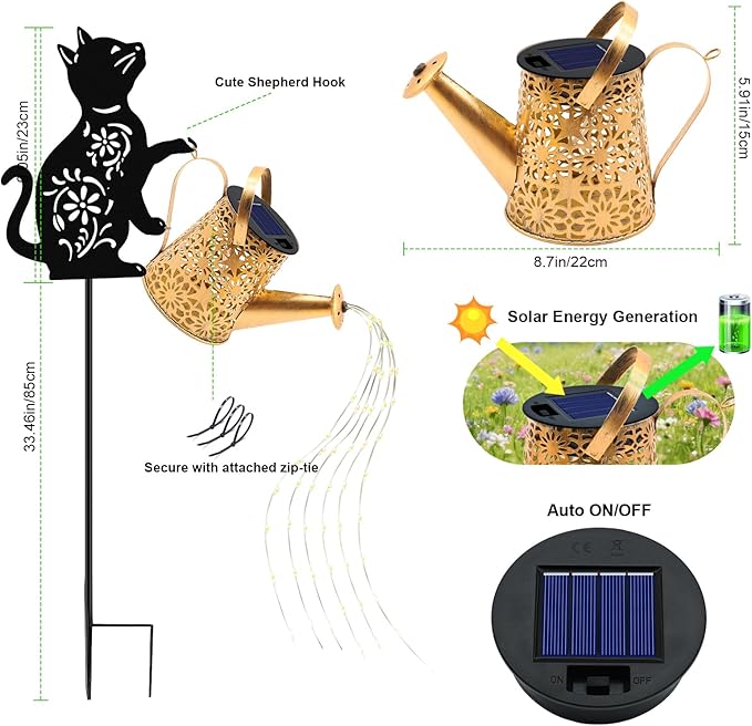 Solar Lights Outdoor, 2 Pack Black Cat Solar Watering_Can Lights, Birthday Gifts for Women Mom Cat Lover Mother's Day Christmas, Waterproof Hanging Lantern Garden Decor Outside Patio Yard Pathway