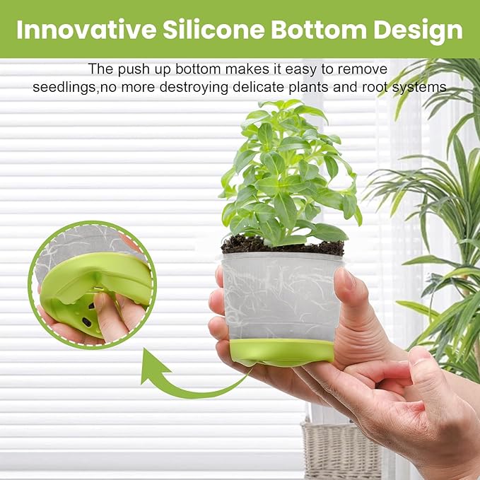 Sckee Clear Nursery Pots for Plants, 30 Packs Plastic Seed Starting Pots with Drainage Holes Plant Nursery Pots Silicone Base (Light Green, 4 inch)