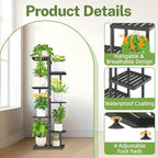 iDavosic.ly Plant Stand with Grow Light Indoor Outdoor, 6-Tier Tall Metal Flower Shelf for Heavy-Duty Large Planters, Corner Orchid Display Rack for Living Room Balcony Patio Porch, Modern Black