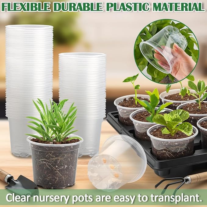 RooTrimmer 12 Cell Nursery Pot Trays 5 Pack with 4 Inch Clear Plant Pots 60 Pack, Thick Sturdy Seeds Starting Germination Shuttle Carrying Trays, Black Small Planter Nursery Propagation 5 Sets