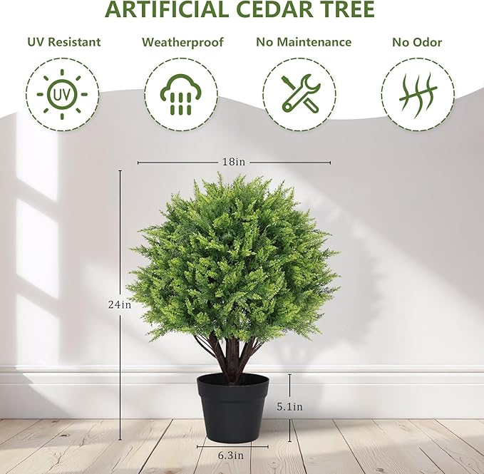 24" Artificial Outdoor Plants Set of 2 – UV Resistant Faux Cedar Topiary Trees, Realistic Fake Bushes and Shrubs for Front Porch, Patio, Outside Planters Decor