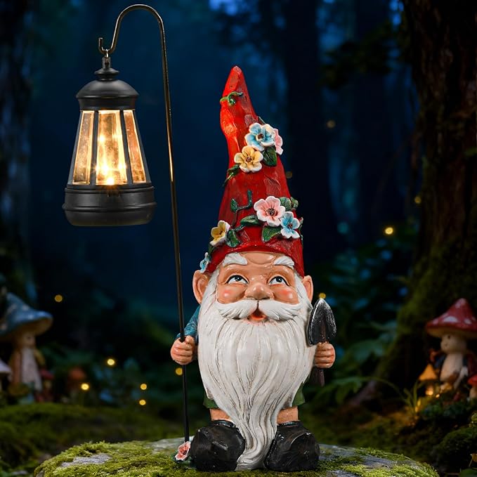 Garden Gnomes Statue with Solar Lantern, Outdoor Gnome Decorations for Yard, Outdoor Figurine Ornament with LED Lights for Patio Lawn, Mother's Day Birthday Gift for Women Mom Grandma