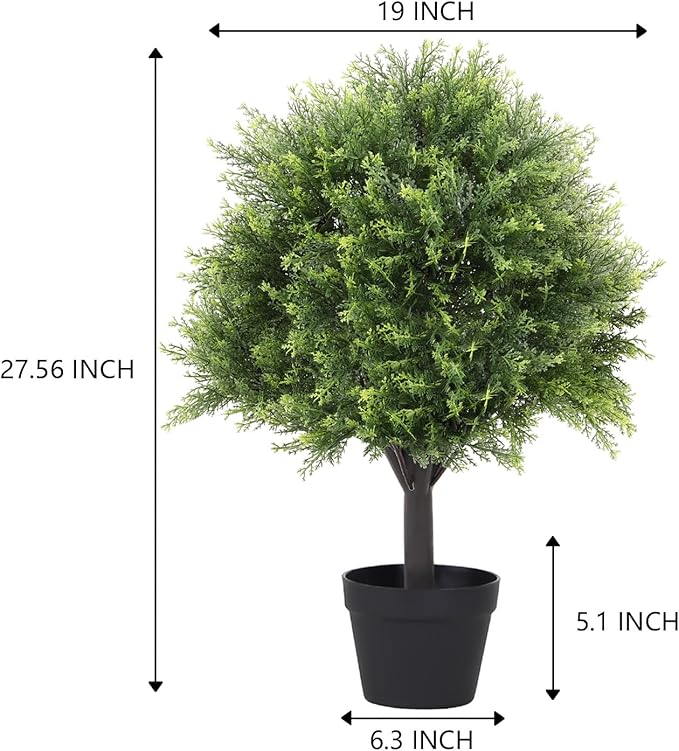 27“ Realistic Artificial Cedar Topiary Trees Set of 2, Faux Cypress Pine Plants Outdoor UV-Resistant, Fake Evergreen Bushes & Shrubs for Front Porch Outside Planter Decor
