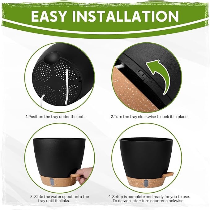 Self Watering Pots for Indoor Plants (5/5.5/6/6.5/8 Inch), Terra Cotta Planters with Water Level Indicator & Drainage,Wicking Pots for Monstera, Herbs & Snake Plant (Black, 5/5.5/6/6.5/8 Inch)