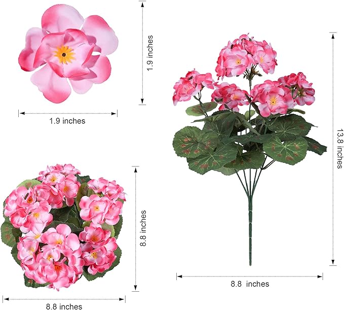 Artificial Geranium Fake Flowers for Outdoors Decoration, 6 Bundles Silk Geraniums Pink Flower UV Resistant Look Real Faux Plants for Outside Planter Front Door Garden Porch Patio Balcony Yard Home