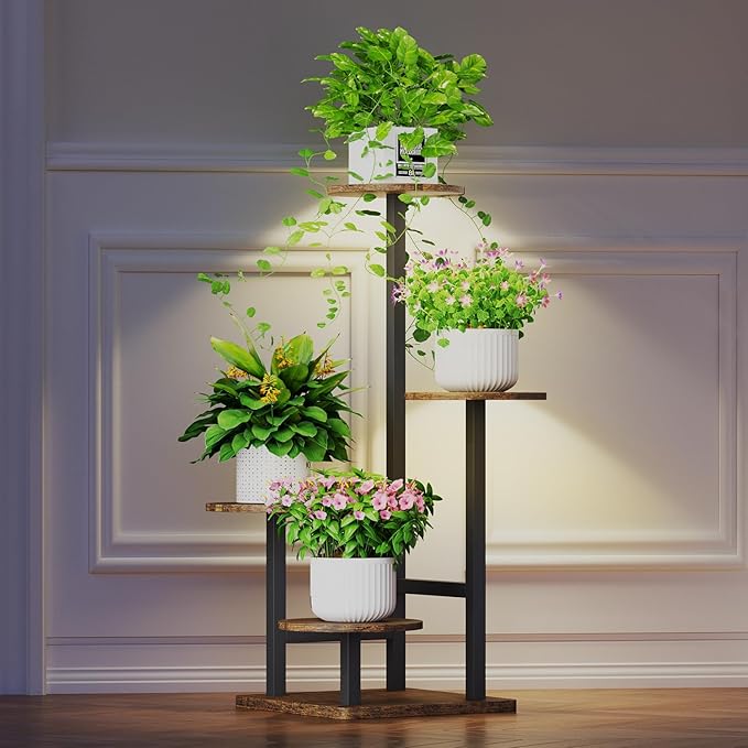 Homsorout Plant Stand Indoor with Grow Light,4-Tiered Tall Plant Stand Indoor, Metal Plant Shelf with Adjustable Light, Ideal for Living Room, Garden, Patio (Black Brown)