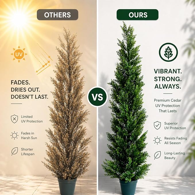 5 Feet Outdoor Artificial Topiary Cedar Tree, Set of 2 UV Resistant Potted Faux Cedar Trees for Outdoors and Indoors, Decorative Fake Shrubs Topiary Trees for Home Living Room Front Door Decor