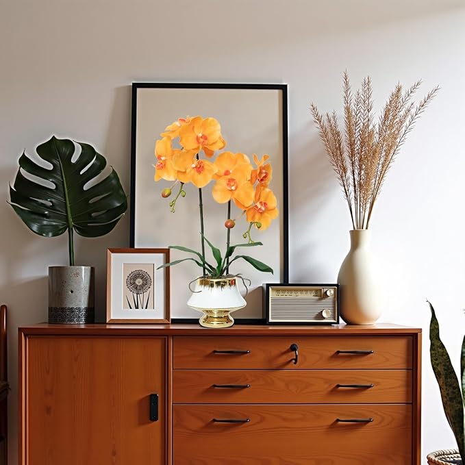 CXGS Orchids Artificial Flowers Realistic Fake Flowers in Ceramic Vase 20" Orange Faux Plants Indoor Lifelike Soft PU Phalaenopsis for Centerpiece Hotel Home Decor