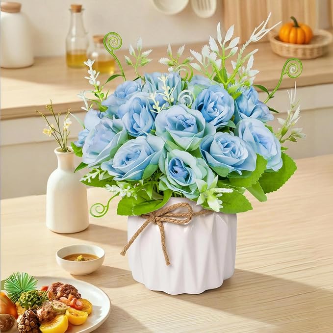 Artificial Flowers Fake Roses with Small Ceramic Vase - Desktop Decoration for Dining Tables, Living Rooms, Bedrooms, Offices for Weddings, Birthdays, Home Decor (Blue)