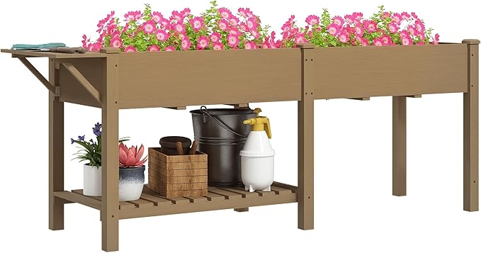 Outsunny Raised Garden Bed, Wood Elevated Planter Box with Side Table, Bottom Shelf, Outdoor Raised Planter with Bed Liners, Drainage Holes for Vegetable Flower, 81.5 x 23 x 31 in, Carbonized Brown