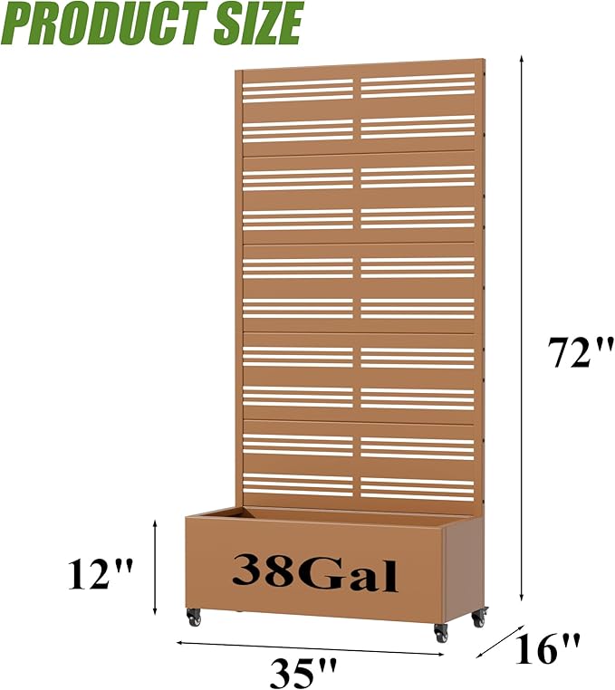 Casaphoria Metal Raised Garden Bed with Trellis and Wheels, 72"x35"x16" Planter Box for Climbing Plants, Vegetables & Vines, Features Drainage Holes and Privacy Screen, Brown-Harold