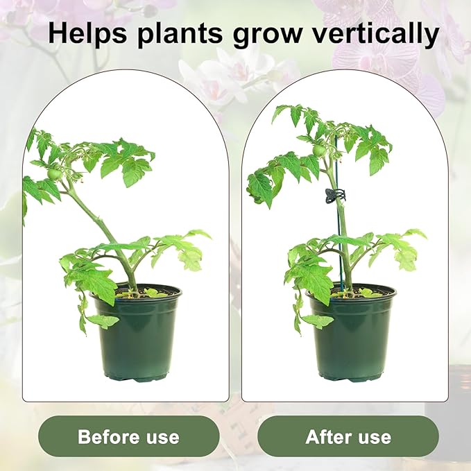 10Pcs Plant Support Stakes with 15pcs Plant Clips,15.7 Inches Bendable Plant Sticks for Indoor and Outdoor Plants,Single Stem Flower Stakes for Phalaenopsis Orchid Flower Roses(Green)