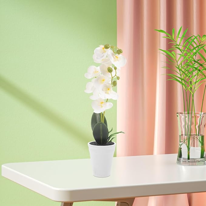 VILLCASE Faux Phalaenopsis Orchid Bonsai Artificial Flower Plant in White Pot Home Decor Indoor Decorative Fake Potted Plant for Living Room and Office Display