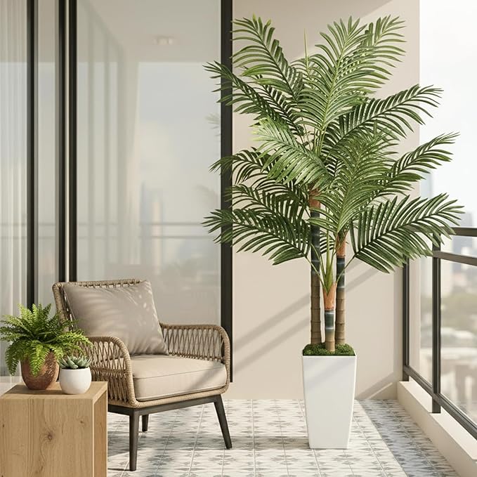 6ft Artificial Palm Tree Indoor Plant，Triple Faux Tropical Areca Floor Plant in Pot，Artificial Plants with Lifelike Leaves for Home Office Decor
