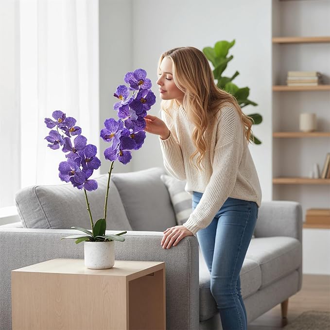 31" Artificial Orchid Flowers in White Planter, 2 Pack Realistic Faux Purple Plants with 14 Bloomings, Faux Phalaenopsis for Bathroom Kitchen Home Office Living Room Decor