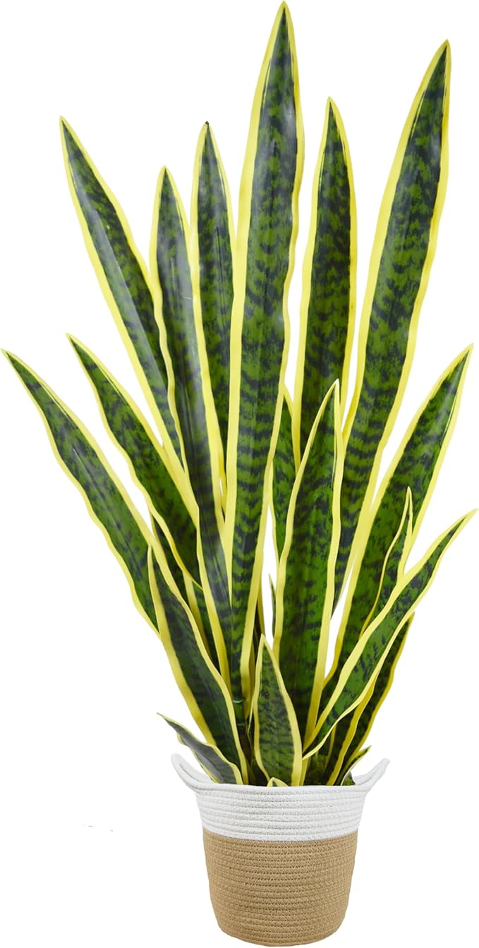 Warmplants Artificial Snake Plant, 3ft Fake Sansevieria with Basket, 35" Fake Mother in Law Plants, Perfect Faux Potted Plant Greenery for Indoor Home Office Store Lifelike Decoration (Yellow)