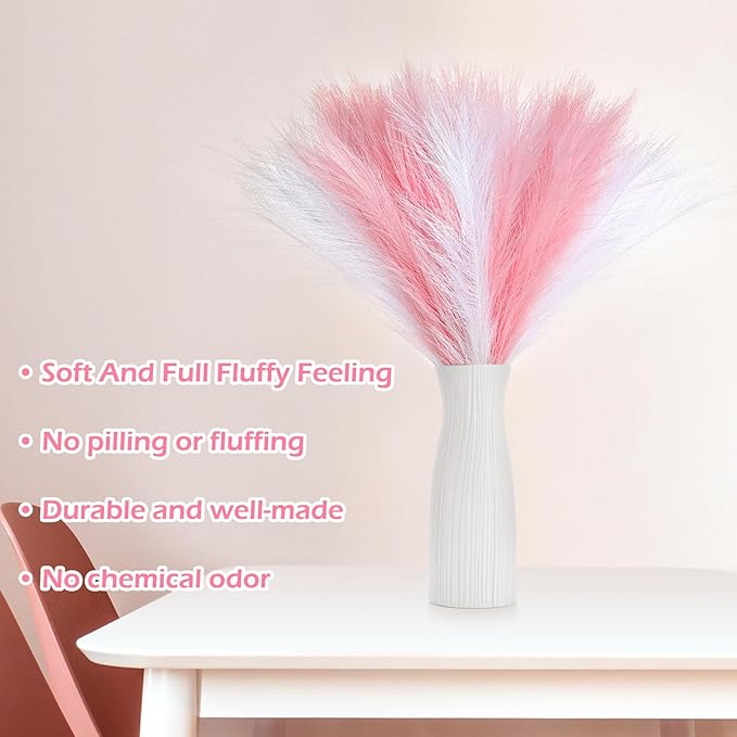 SeptCat 60 Pcs Pampas Grass Pink White Decor 21.7" Fluffy Faux Short Pampas Grass Artificial Small Pompas Grass Flower Vase Filler for Home Wedding Decoration