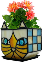 Tiffany Stained Glass Orange Cat Flower Pot,Handmade Cute Pots for Plants, Room and Office Decoration Glass Container Storage,Indoor Plant Pots with Drainage,Plant Gifts 4.6x3x5.15 in