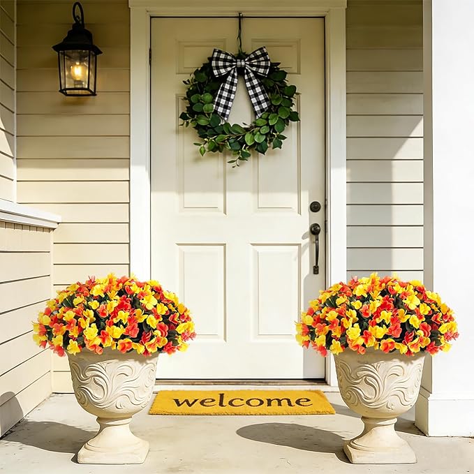 INXUGAO Artificial Hanging Flowers with 12" Basket for Outdoor Decor, Fake Hydrangea UV Resistant Arrangements in Pot Planter Decor for Spring Summer Porch Garden Yard(OrangeYellow)
