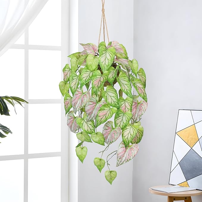 Large Fake Hanging Plants in Pot for Indoor & Outdoor, Long Artificial Hanging Pothos Plants Green, 27.6" Fake Potted Vines Ivy Greenery Plant for Room Wall Shelf Decor Living Room Patio Porch