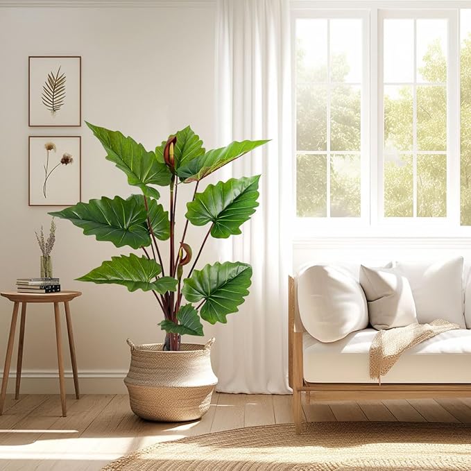 55in Tall Artificial Elephant Ear Plant - 9 Large Faux Tropical Leaves for Indoor Outdoor Jungle Decor Pet-Safe, Bendable Stems(4.6FT-1Pack)