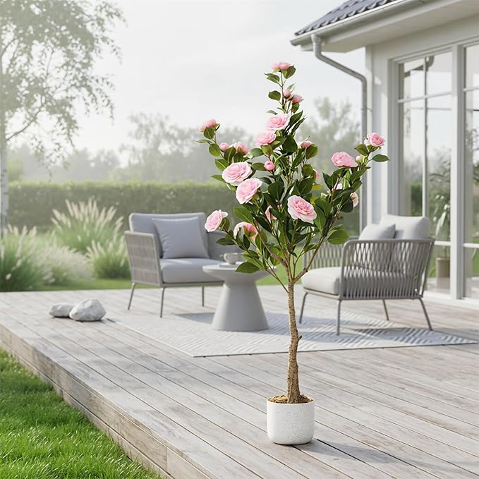 Garvee 4FT Artificial Camellia Tree 2 Pack, Faux Camellia Plant with White Planter and 24 Pink Flowers, 47" Fake Potted Flower Trees for Home and Office Decor, Pink