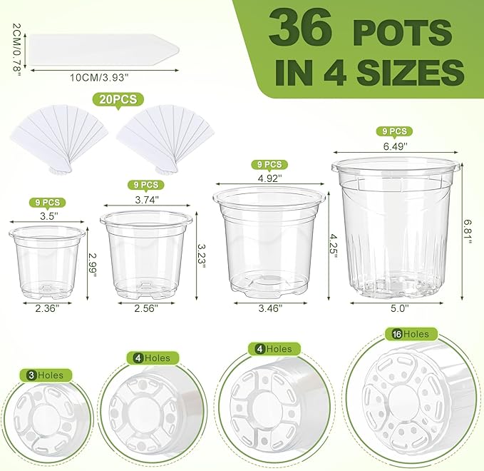 36 Pack Clear Plant Nursery Pots, 7/5/4/3.5 Inch Plastic Planter Pots with Drainage Hole, Flower Seedling Nursery Pots with 20 Labels for Garden Indoor Outdoor