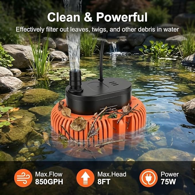 12-inch Pond Waterfall Spillway with LED Lights | Stainless Steel, 850GPH Submersible Pump, For Garden, Ponds, Backyard, Pool
