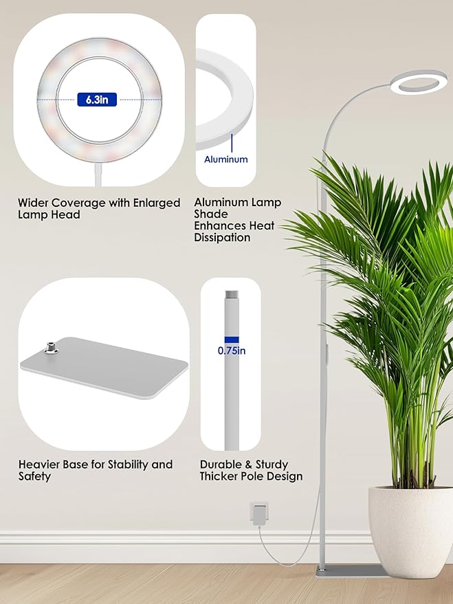 GLOWRIUM Grow Lights for Indoor Plants, Full Spectrum LED Grow Light Floor Lamp with Stand Adjustable Height and Angle, Black Plant Light with 3/9/12H Grow Light Timer (White, 20W)