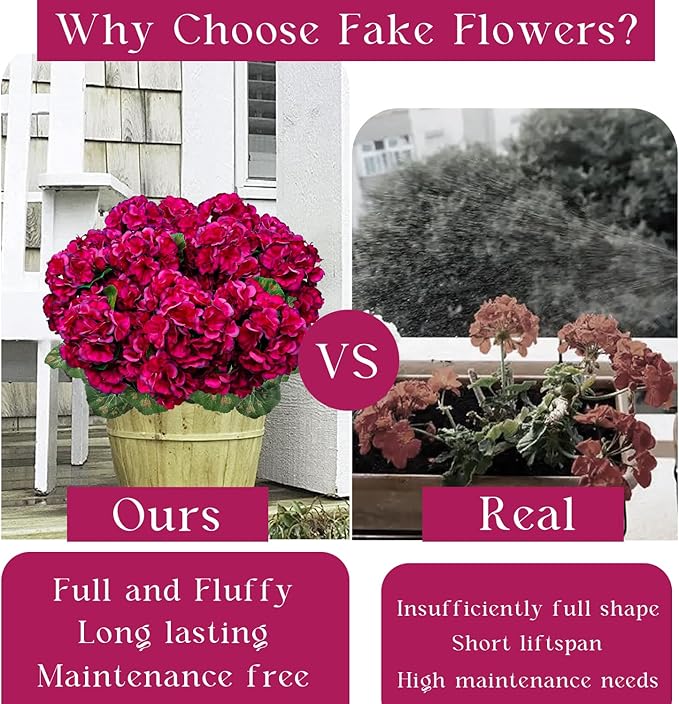 6 Bundles Artificial Geranium Flowers for Outdoors, Realistic Silk Geraniums Fake Flowers UV Resistant Faux Plants for Porch Front Door Planter Patio Balcony Outside Decor (Fuchsia)