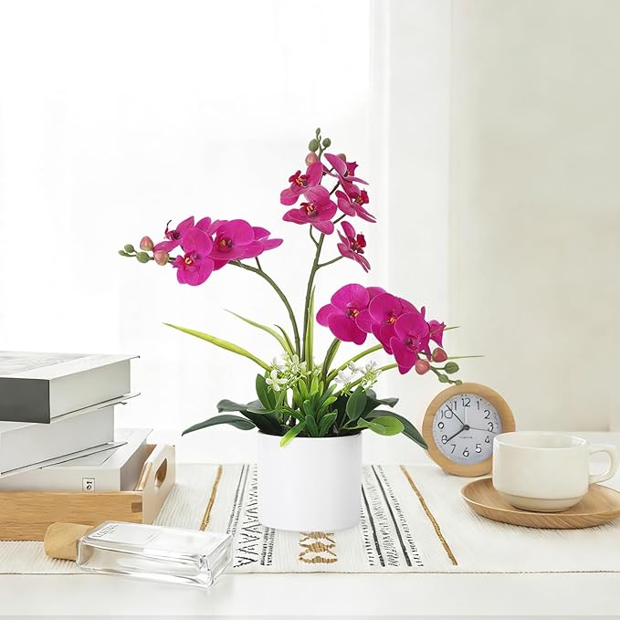 Garvee Real Touch Silk Phalaenopsis Orchid Artificial Flowers - 3 Stems Faux Orchid Bough with Vase, Lifelike Large Fake Flowers in Pot for Home Decor Living Room Bedroom Office Tabletop