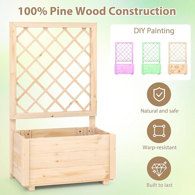 Giantex Raised Garden Bed with Trellis, Wooden Elevated Planter Box for Climbing Plants, Outdoor Garden Planter for Vegetables Flowers Herbs, Patio Balcony Planting Box, 23 x 14 x 40 Inch