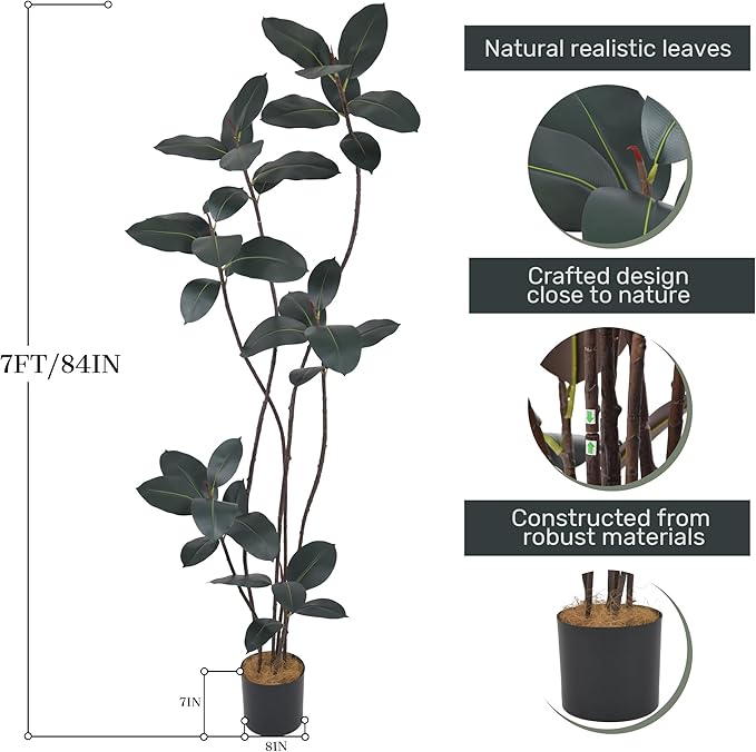 Artificial Rubber Tree 7FT(84in) Tall Faux Trees with Realistic Leaves, Fake Rubber Floor Potted Artificial Plants for Home Office Living Room Indoor Outdoor Decor (7feet,1Pack)