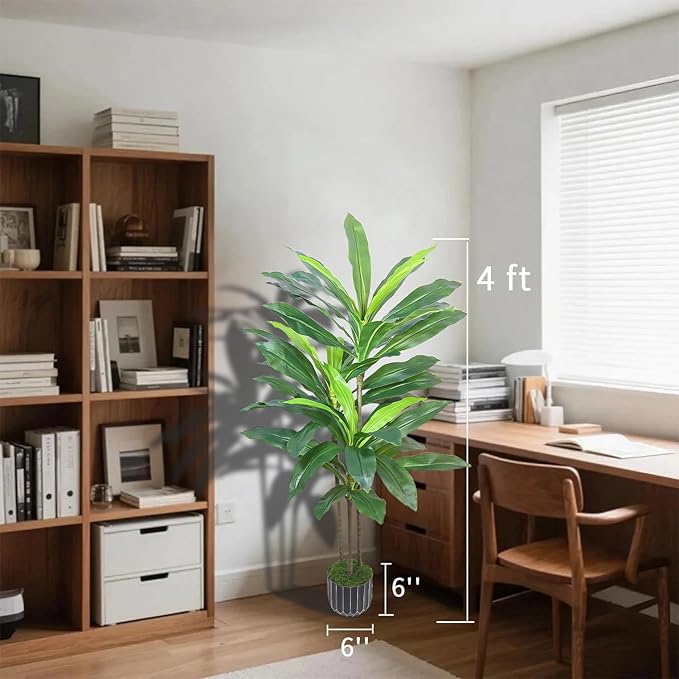 Artificial Dracaena Tree 48in - Fake Plants Tree with Black Planter - Faux Yucca Tree Tall with Lifelike Trunk and Leaves in Pot - Dracaena Artificial Plant for Home Office Living Room Fireplace Decor