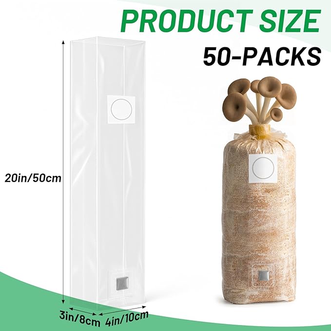 GREANER 50 Packs Mushroom Grow Bags, 3 Mil 4"x3"x20" Thick Durable Spawn Bag with Injection Ports, 0.2 Micron Porosity Resistant High Pressure Mushroom Growing Supplies