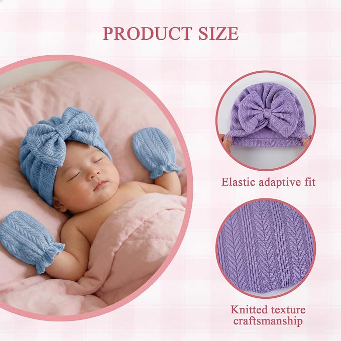 Newborn Baby Girl Hats Mittens Set Cotton Hospital Bow Hat Beanies Caps Gloves for New Born Girls 0-6 Months