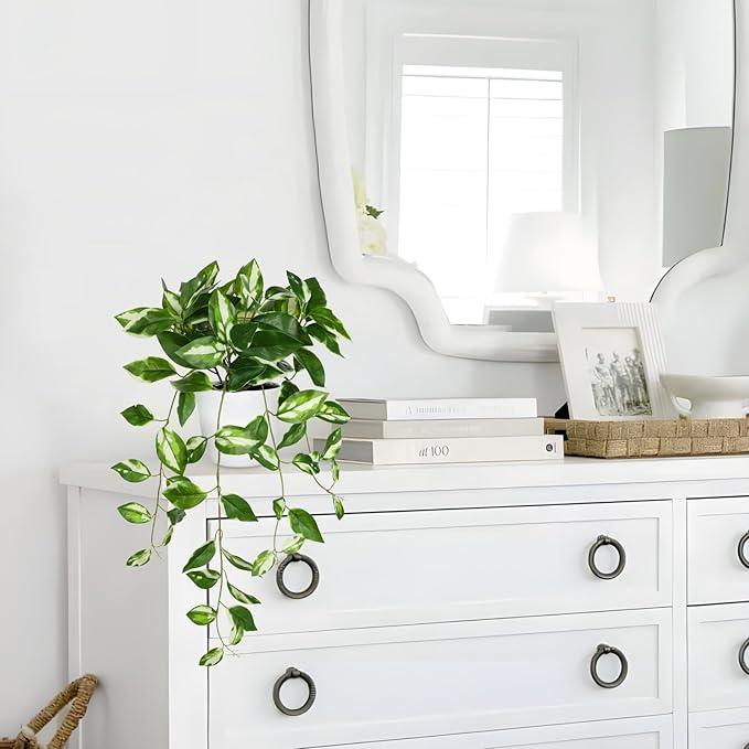 Briful Fake Plants Indoor Greenery Realistic Faux Trailing Plant Artificial Potted Plants in Black Pot White N' Joy Leaf Houseplant for Living Room Table Kitchen Counter Shelf