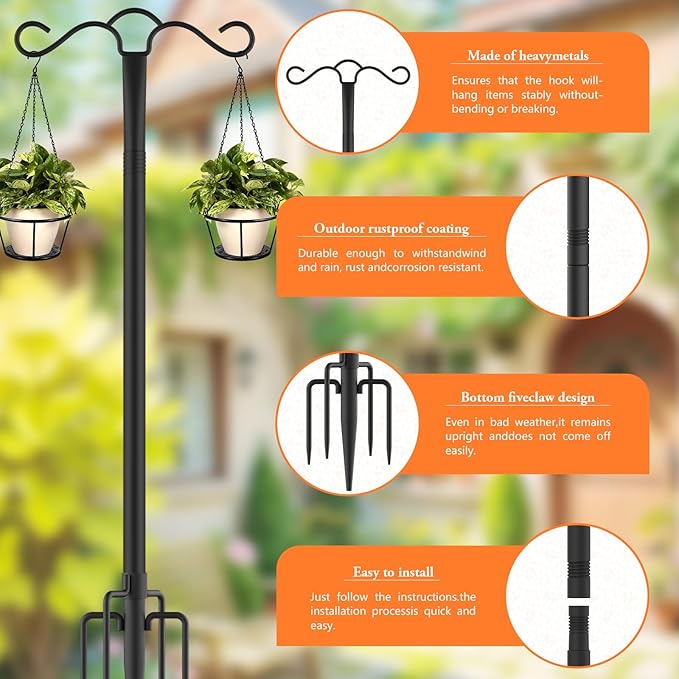 SINLEY Double Shepherds Hook for Outdoor with 5 Prong Base Heavy Duty Two Sided Bird Feeder Pole for Hanging Lantern,Hummingbird Feeder,Lightweight Plant,Shepherds Hook (4 Pack 90 inch)