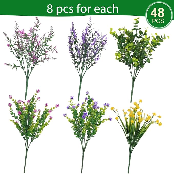 Hananona 48 Pcs Artificial Flowers Outdoor, Faux Artificial Plants UV Resistant Plastic Flower Bulk for Hanging Planter Porch Window Home Wedding Fall Summer Decor (48, Fuchsia, Purple, Yellow, Green)