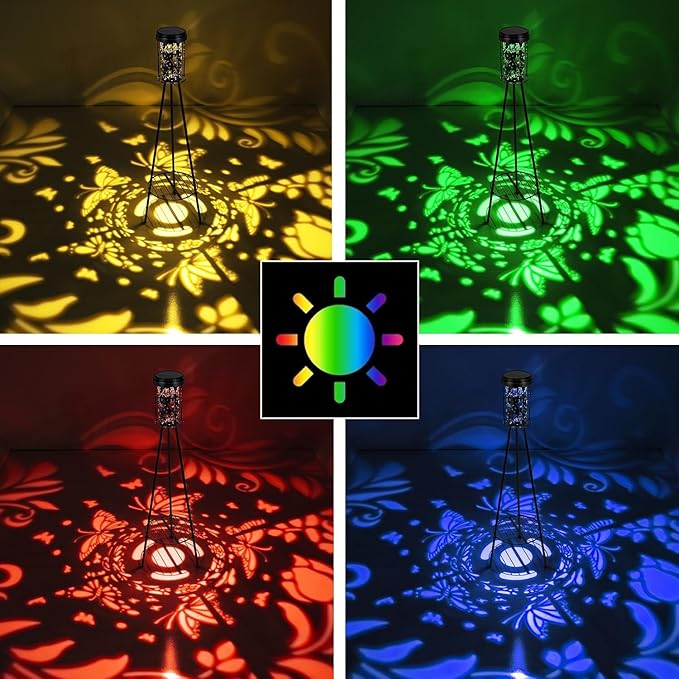 Solar Floor Lamps Outdoor RGB Butterfly Projection Metal Cordless Floor Lamp with Plant Stand,42.48 Inch Waterproof Decorative Garden,Patio,Porch,Yard,Path,Light,Black